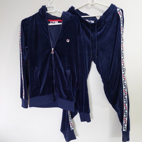 Vintage Navy Blue FILA Velour Tracksuit, Hooded Jacket and Pants Set, M/S - Picture 1 of 13